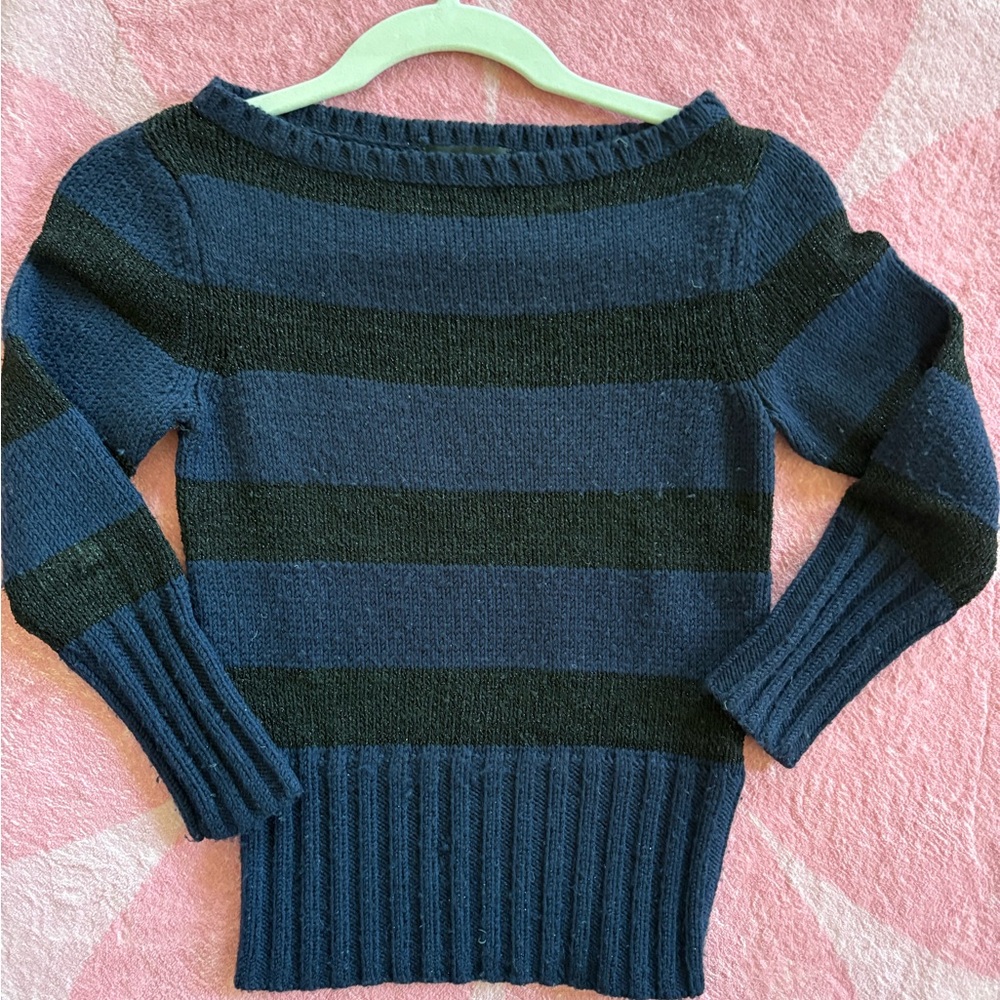 Bebe Striped Navy and Black Metallic Cropped Sweater